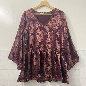 POL Velvet Burnout Bell Sleeve Floral Babydoll Top S Red Whimsigoth Witchy Vamp